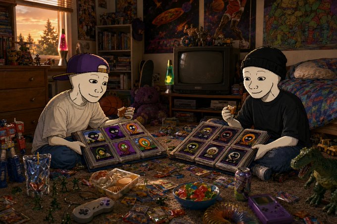 Two masked cartoon characters wearing caps sit on a cluttered bedroom floor surrounded by toys, snacks, a lava lamp, and a vintage TV, each holding an open trading card book displaying colorful cartoon Misfitz NFT collectibles, promoting a rewards system for both holding and trading the tokens.