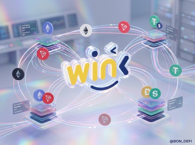 The image features a stylized 3D logo with the word "WIN" surrounded by glowing lines connecting to various cryptocurrency tokens (ETH, TRON, DAI, and others) with data panels displaying pool balances and metrics like "APY" and "Transactions." This visually represents the on-chain finance theme of the post, illustrating how decentralized networks interconnect various tokens and oracle-driven data feeds to enable programmable financial operations beyond the blockchain.