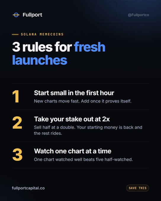 An infographic from Fullport (@Fullportco) titled 'Solana Memecoins: 3 rules for fresh launches' listing: 1) Start small in the first hour, 2) Take your stake out at 2x, 3) Watch one chart at a time, with website fullportcapital.co.