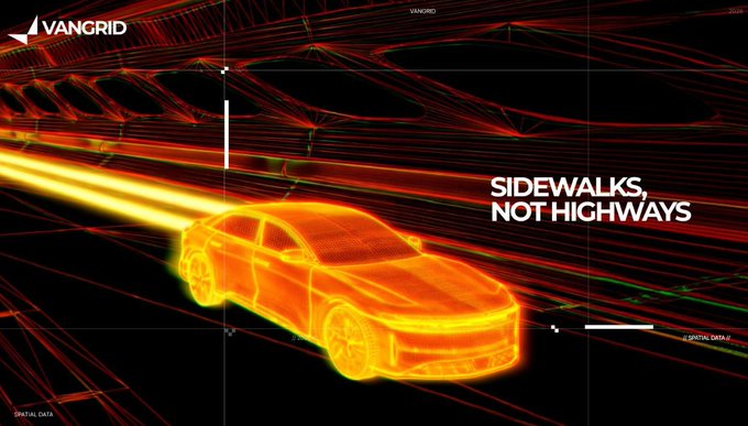 A stylized thermal/wireframe visualization of an orange car with the VANGRID logo, 'SIDEWALKS, NOT HIGHWAYS' text, and 'DIGITAL DATA' labels.
