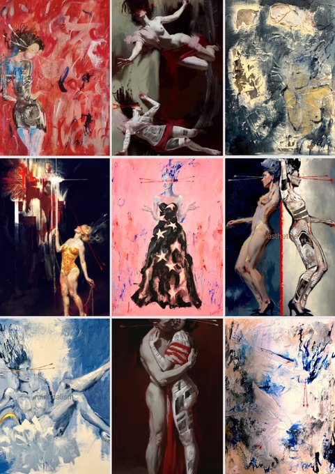 A grid of nine abstract, expressionistic paintings featuring human figures rendered in chaotic red, blue, and earth tones with visible brushstrokes and drips.