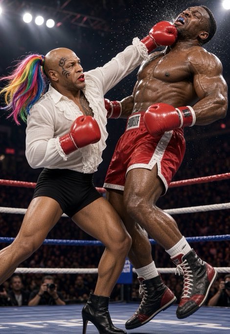 A highly muscular man in a white shirt, colorful dreadlocks, and black shorts throws a punch while wearing red boxing gloves at an opponent in red shorts in a boxing ring.