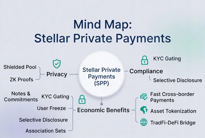 A mind map titled "Mind Map: Stellar Private Payments" branches from a central node into three categories: Privacy (Shielded Pool, ZK Proofs), Compliance (KYC Gating, Selective Disclosure), and Economic Benefits (Fast Cross-border Payments, Asset Tokenization, TradFi-DeFi Bridge), with sub-details like Notes & Commitments, User Freeze, and Association Sets. The diagram visually summarizes how Stellar Private Payments (SPP) balances privacy, compliance, and economic utility, aligning with the post's emphasis on reclaiming financial power through Nethermind's solution for the Stellar Development Foundation.