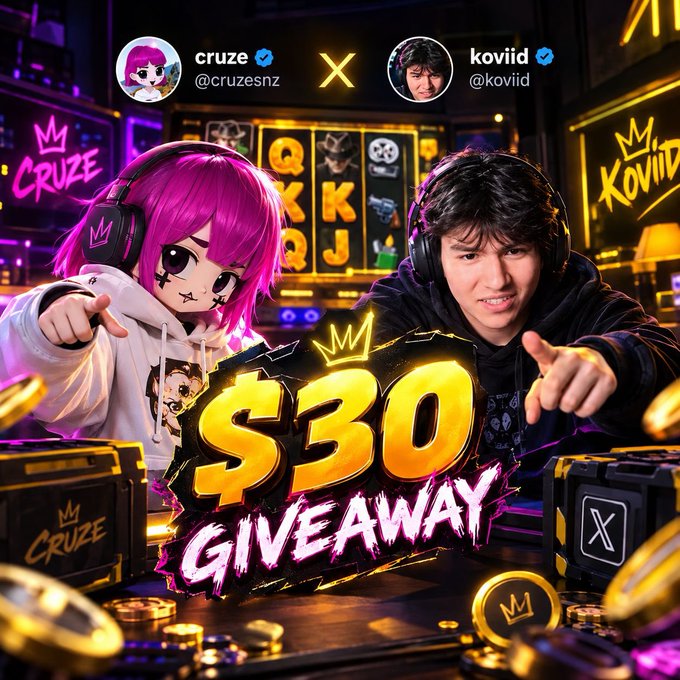A promotional graphic for a "$30 GIVEAWAY" collaboration between content creators "cruze @cruzesnz" (represented by an anime-style pink-haired character) and "kovid @koviid" (shown with a real person), featuring gaming-themed neon aesthetics with gold coins.