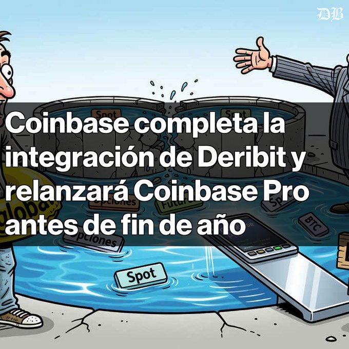 A cartoon illustration showing two men shaking hands over a pool of water, with Spanish text overlay reading 'Coinbase completa la integración de Deribit y relanzará Coinbase Pro antes de fin de año' (Coinbase completes Deribit integration and will relaunch Coinbase Pro before year-end).