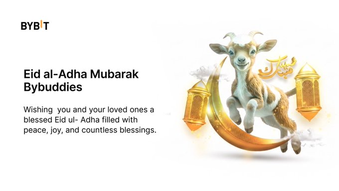 The image features an advertisement for Eid al-Adha Muharram, a Muslim holiday that commemorates the annual sacrifice of Ibrahim ( Ibrahim was the first Prophet Muhammad ) by his uncle Abu Hamid. The poster includes a goat with horns and a crescent moon as part of its design. The text on the poster reads "Eid al-Adha Muharram BybitAfrica wishing you and your loved ones a happy Eid, filled with peace, joy and countless blessings".
