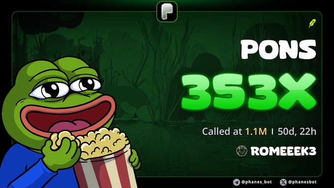A digital graphic featuring a cartoon Pepe the Frog eating popcorn, with the text 'PONS 353X' prominently displayed, along with 'Called at 1.1M | 50d, 22h' and '@ROMEEEK3'.