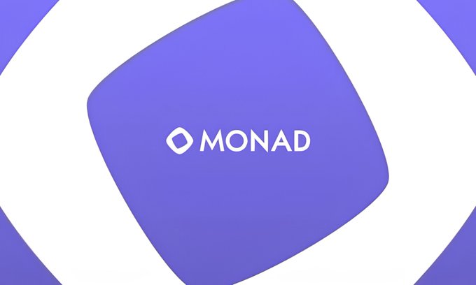 A minimalist purple and white graphic displaying the logo 'MONAD' with a diamond-shaped icon.