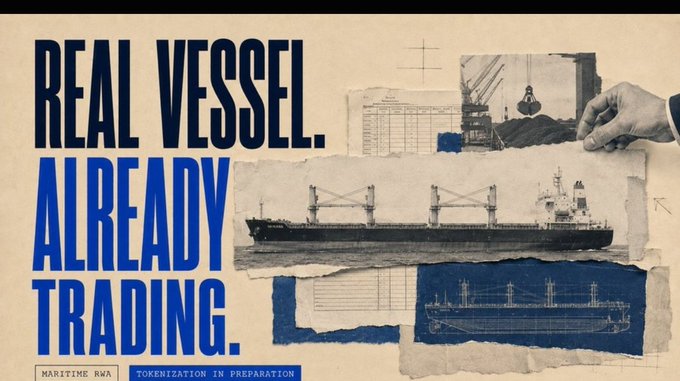 A promotional graphic with bold text "REAL VESSEL. ALREADY TRADING." featuring torn paper collages of cargo ships and cranes, with smaller text "MARITIME RWA" and "TOKENIZATION IN PREPARATION."