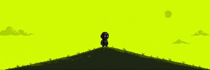 A pixel art character stands atop a dark green hill beneath a bright yellow sky with a small sun and scattered clouds. The image appears unrelated to the giveaway post, serving instead as a generic decorative backdrop for the promotion.