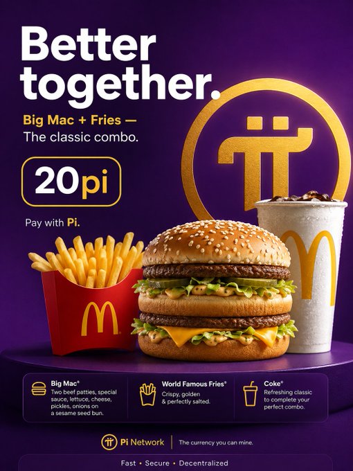 A McDonald's advertisement reading 'Better together. Big Mac + Fries — The classic combo. 20π Pay with Pi.' featuring the Pi Network logo.