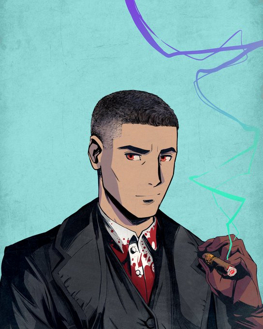 The image features a man with spiky hair, dressed in a suit and tie, holding a cigar in his right hand while looking directly at the camera. The background of the image has a blue color that contrasts with the man's dark attire. There is also a purple line present in the scene. The caption "GM CT Happy Thursday!" is written below the image to indicate it was posted on GMCT.