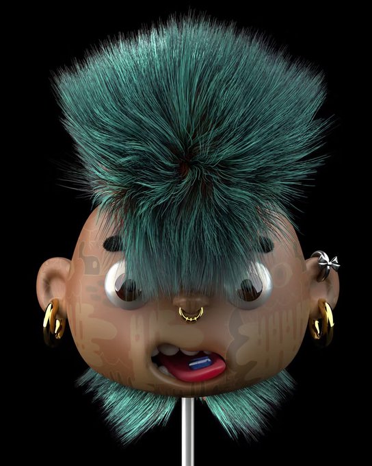 A 3D rendered character head with teal fur styled in a mohawk, large reflective eyes, multiple earrings, and a protruding tongue, mounted on a stick.