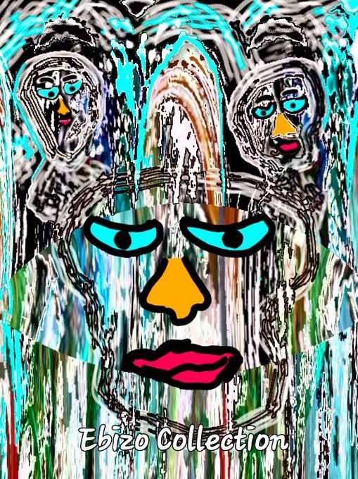 An abstract, colorful artwork featuring multiple distorted faces with striking blue eyes and pink lips, labeled 'Ebizo Collection' at the bottom.