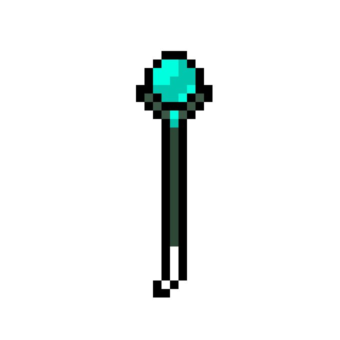 A pixel art illustration of a Minecraft-style diamond staff or wand featuring a cyan diamond-shaped gem atop a dark green and black stick.
