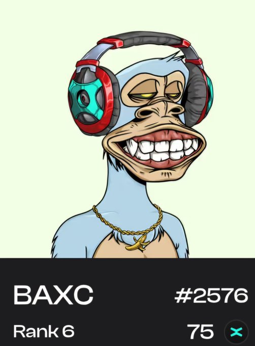 An NFT profile picture featuring a blue monkey wearing red and black headphones, a gold chain, and displaying a wide grin, labeled 'BAXC #2576, Rank 6, 75'.