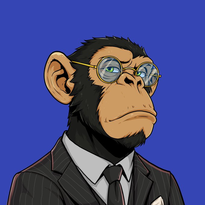 A digital illustration of an anthropomorphic monkey wearing round wire-frame glasses and a pinstripe suit with a tie, set against a blue background.