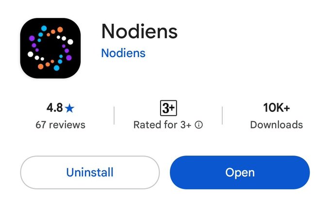 A screenshot of the Google Play Store listing for an app called "Nodiens," which has a 4.8-star rating from 67 reviews, 10K+ downloads, and a "3+" age rating, with buttons to "Uninstall" and "Open" the app.
