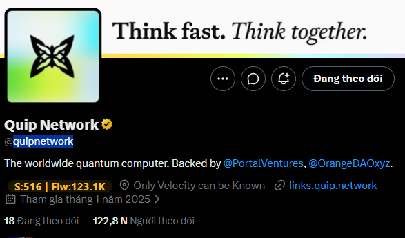 A Twitter/X profile screenshot for 'Quip Network' (@quipnetwork) with the tagline 'Think fast. Think together.', describing itself as 'The worldwide quantum computer' with 122.8K followers.