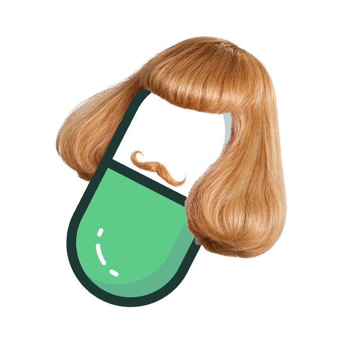 The image features a cartoon-style illustration of a person's head with a stylized blonde bob hairstyle and a small curled mustache, paired with a green shirt. The whimsical, retro vibe of the illustration complements the post's caption about meeting during a "whimsical time," evoking a playful, vintage aesthetic.