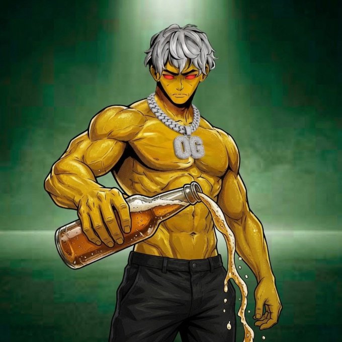 A muscular anime-style character with silver hair, glowing red eyes, and an 'OG' diamond pendant pours beer from a bottle against a dark green background.