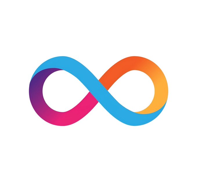 A colorful infinity symbol or stylized figure-8 logo with gradient colors transitioning from purple to pink to blue to orange on a white background.