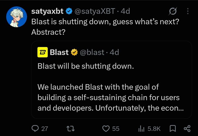 The image shows a tweet from satyaxBT (@satyaXBT) quoting Blast's (@blast) announcement that "Blast will be shutting down," with satyaxBT asking "Blast is shutting down, guess what's next? Abstract?" The post gained 5.8K views, 55 likes, and 27 replies.

The accompanying Indonesian caption reflects on the shutdown as a "RIP" moment for XP farmers, suggesting those who allocated funds there should reconsider their positions—relating to the image's news of Blast's closure impacting users who had been farming XP on the platform.