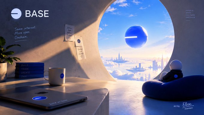 A Base (cryptocurrency) promotional banner featuring a cozy scene with a laptop and phone displaying the Base logo, a mug, books labeled 'BUILD, TRADE, CREATE, OWN', and a robot looking out a circular window at a futuristic city, with the text 'Same internet. More open. Onchain.'