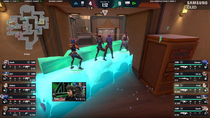 A SAMSUNG OLED broadcast of a VALORANT match on Haven, Week 3 of the 2024 Americas Stage, shows four characters from "the avengers" assembled on a glowing blue barricade in B Main during round 4 of SUNSET vs LOUD, with the score tied at 1-1 and 1:12 remaining on the clock.