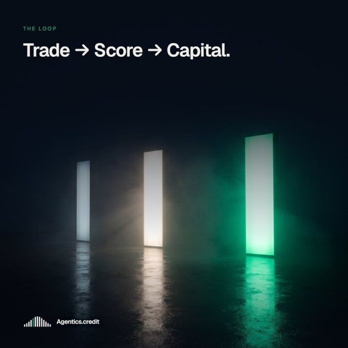 A dark, atmospheric graphic with the text 'Trade → Score → Capital.' and 'Agentics.credit' at the bottom, featuring illuminated vertical panels in a smoky environment.