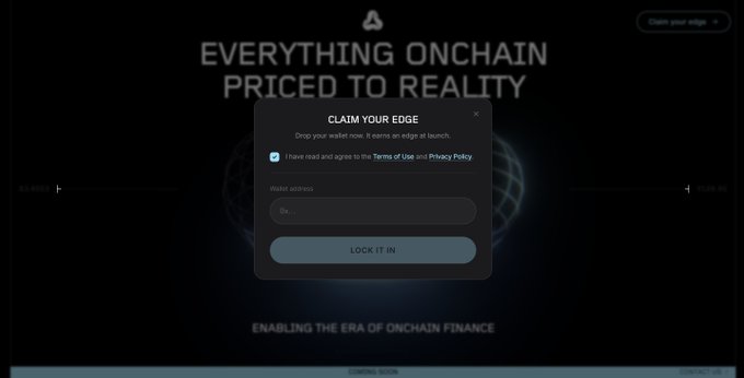 The image shows a "CLAIM YOUR EDGE" modal on a website titled "EVERYTHING ONCHAIN PRICED TO REALITY," featuring a wallet address input field, terms agreement checkbox, and "LOCK IT IN" button, which aligns with the post's description of Metric's innovative PropAMM infrastructure for liquidity provision.