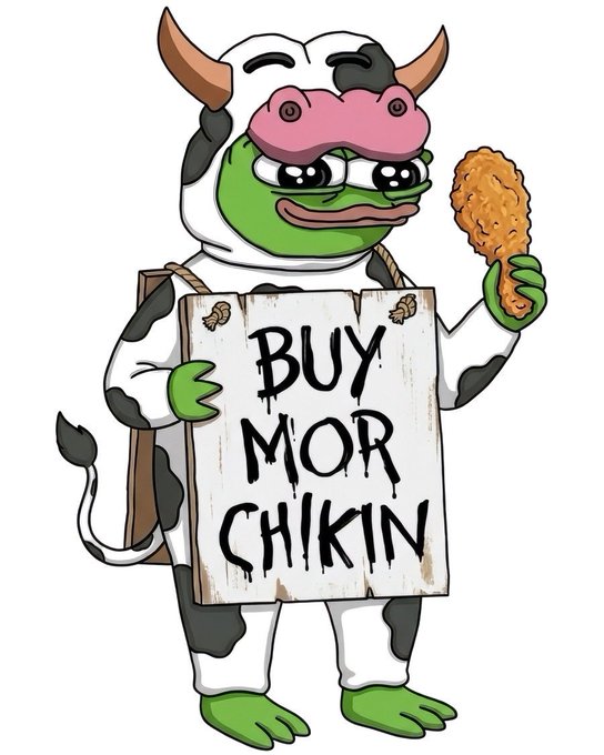 A cartoon illustration of a green frog character dressed in a cow costume, holding fried chicken and a sign that reads 'BUY MOR CHIKIN'.