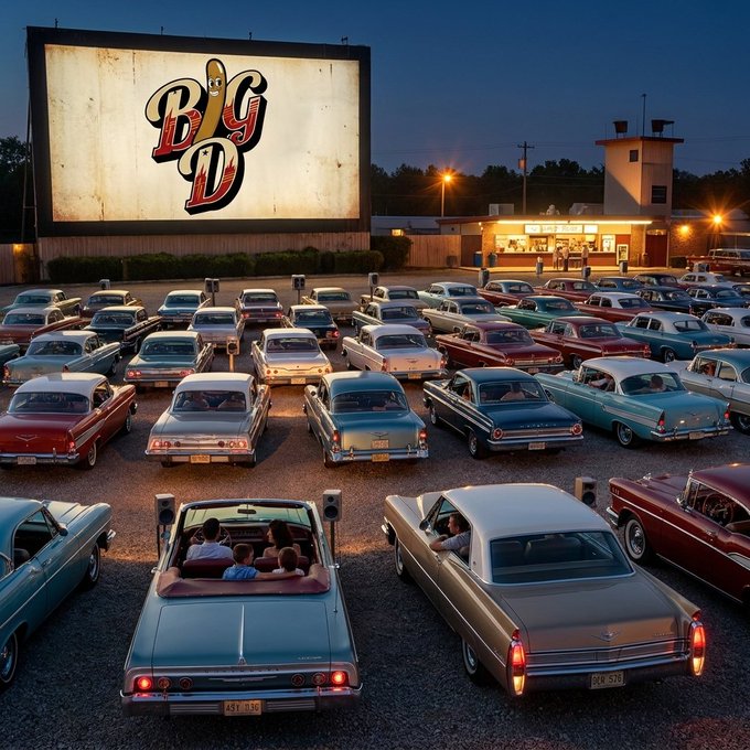 A nostalgic drive-in theater at dusk filled with classic 1950s-60s cars faces a weathered illuminated marquee displaying "BIG D," while in the background the snack stand's glowing "GRIDDLE HOUSE" sign hints at the bustling concession scene—evoking the carefree Americana spirit of a bygone era, much like the unburdened, ownerless nature of the renounced $BIGD contract.