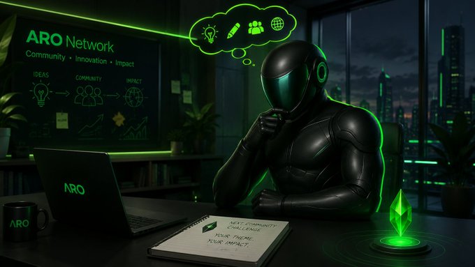 A sleek figure in a black futuristic suit sits at a desk contemplating a thought bubble, surrounded by ARO Network branding—including a laptop and mug labeled "ARO," a presentation screen displaying "ARO Network: Community • Innovation • Impact" with flowcharts connecting Ideas to Community to Impact, and a glowing Ethereum/Jade emblem. A notebook reads "Next Community Challenge - Your Theme, Your Impact," visually reinforcing the post's call for community members to suggest the theme for ARO's next challenge with cash and Jade rewards.