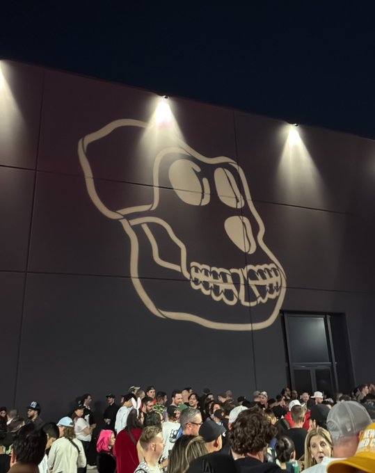 A nighttime outdoor event with a crowd gathered below a large illuminated building facade displaying a stylized dog skull graphic.