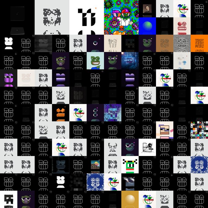 A grid mosaic of various small images including cats, abstract art, faces, and digital patterns on dark and light backgrounds.