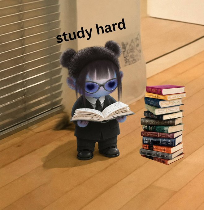 A stylized figure with bear ears and sunglasses stands in a suit reading a book beside a tall stack of titles including "Welcome to C," "Forgetting Algorithms," and "Sapiens," with the text "study hard" displayed above. The image humorously reinforces the post's message about the project's liquidity pool (LP) issues, framing the technical problem-solving process as serious study and research being done by the team.