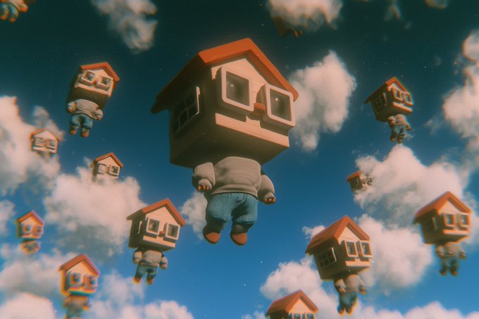 Surreal 3D rendered figures with houses for heads float amid fluffy clouds in a dreamy blue sky. The whimsical "chillers" perfectly match the post's playful caption—chill house-headed characters literally chilling out in the clouds.