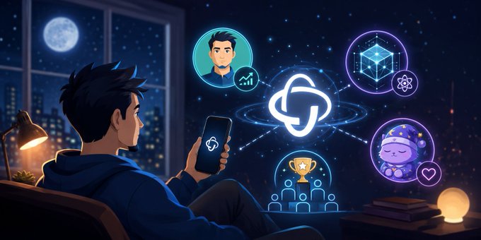 The image features a man sitting down with his cell phone, which has an app icon displaying a white circle with a blue line through it. The man appears to be using the app or browsing social media while sitting in front of a window at night. The background shows a city skyline and a full moon, creating a serene atmosphere for the scene.

The post mentions that there is a version of the internet being built right now where users' attention, health data, and on-chain history are actually theirs - which could be related to the app icon displayed by the man in the image. The app might be focused on collecting and analyzing user data or providing personalized content based on their interests and preferences.