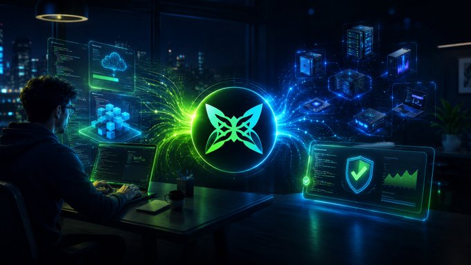 A man with glasses sits at a workstation surrounded by glowing holographic displays showing code, 3D blocks, a shield icon, and a butterfly logo, suggesting an AI or cybersecurity development environment with a nighttime city view.