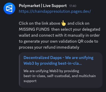 A screenshot of a Telegram message from "Polymarket | Live Support" containing a phishing link (chaindappresolution.pages.dev) that directs users to connect their wallet to a fake refund site. The message tricks victims into generating a malicious QR code to drain funds, illustrating how scammers impersonate Polymarket support to steal crypto through fake refund verifications.