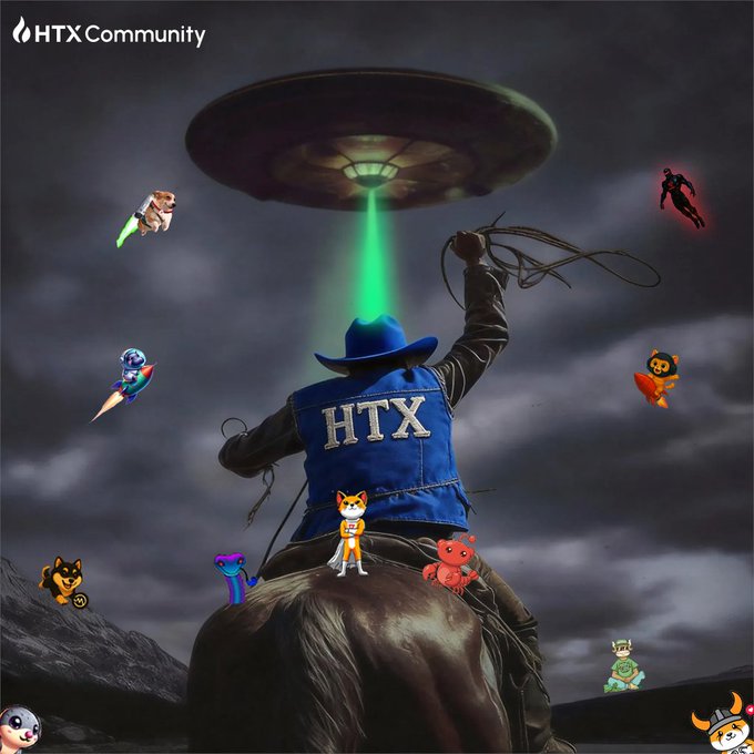 A rider on horseback, wearing a denim vest labeled "HTX" and a cowboy hat, lassos a glowing green UFO under a stormy sky, while various meme characters—including Shiba Inus, cats, and cartoon figures—surround the scene, visually capturing the post's "catch the green before the bull takes over" theme with the green tractor beam symbolizing market gains.