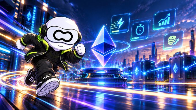 A digital illustration of a white cartoon mascot character running in a futuristic neon-lit cityscape alongside a glowing Ethereum diamond logo and various financial icons.