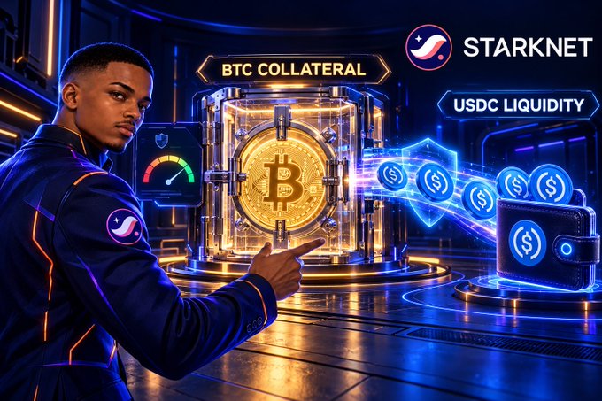 A futuristic digital advertisement featuring a man in a blue jacket pointing at a glowing vault containing a Bitcoin, with labels reading 'BTC COLLATERAL' and 'USDC LIQUIDITY', alongside the Starknet logo and branding.