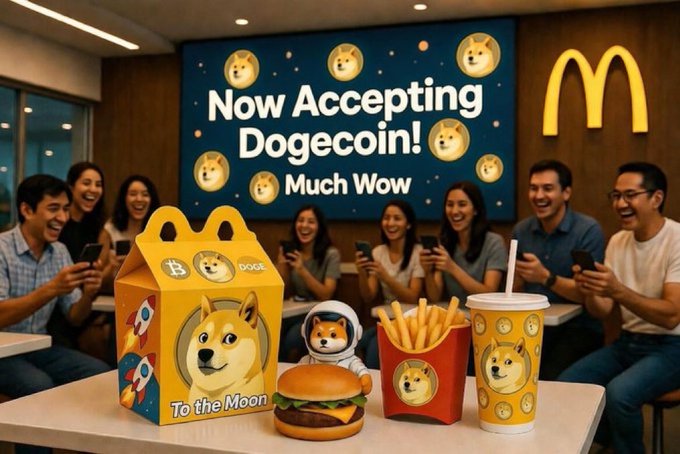 The image features a group of people sitting around a table with various food items, including a McDonald's Happy Meal box that has a dog figurine inside. The table also has a cupcake and a sandwich. In front of them are two cups filled with fries. A sign is displayed in the background that says "Now Accepting DogCoin! Much WOW".