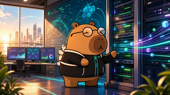 A cartoon capybara wearing glasses and a tech-themed hoodie stands in a server room filled with glowing data streams and monitors, symbolizing the calm, reliable infrastructure behind the buzz. The image reflects the post's theme of "boring rails" — quiet, dependable blockchain validation work by legacy players like MoneyGram, rather than flashy hype.