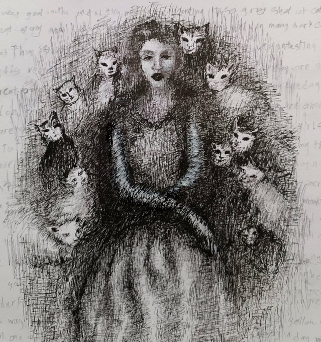 A black and white pencil-style sketch shows a dark-haired woman in a dark dress surrounded by cats, drawn over a page of handwritten text.