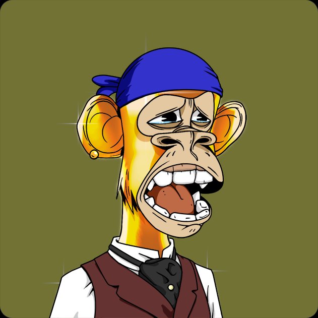 A cartoon Bored Ape-style illustration of a yellow monkey wearing a blue bandana and maroon vest with a bored expression.