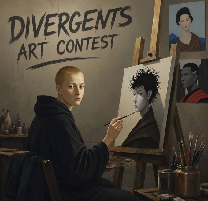 A young artist paints a portrait on an easel in a dim studio, with "DIVERGENTS ART CONTEST" displayed prominently on the wall, promoting the contest where participants must use a Divergents character in their artwork and post with #DivergentsArtContest.