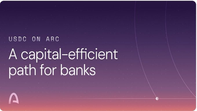 The image features a purple background with white text that reads "A capital-efficient path for banks" at the top. Below this, there are two lines of text written in black, one reading "@circle" and another saying "@arc". The text is arranged in a way that it appears to be part of a larger post or article about stablecoins and their adoption by banks.